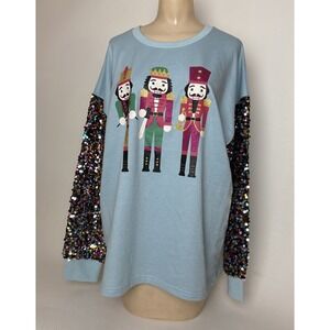 Nutcrackers Christmas on Blue Sweatshirt with Sequin Sleeves Womens Size 2XL